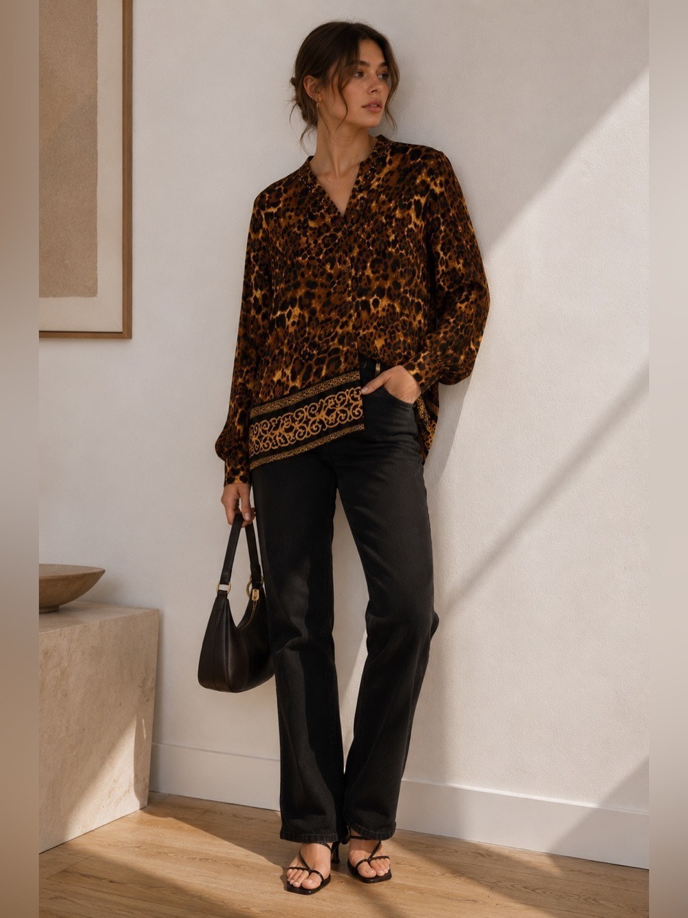 Valerie Stevens Leopard Animal Print Studded Button Front Blouse Large